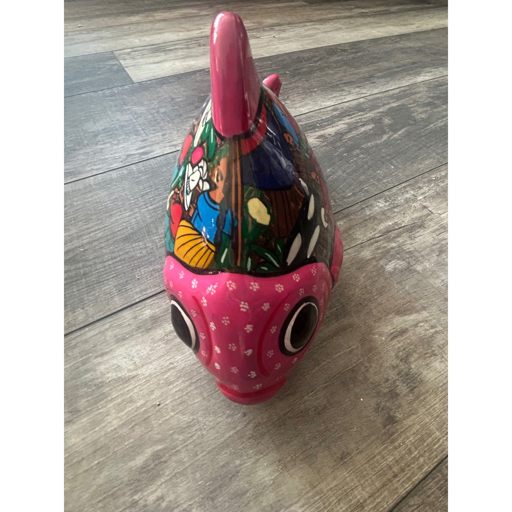 Mexican Folk Art Hand Painted Pottery Fish Figurine‎ Village Scene Pink Black - Picture 4 of 5